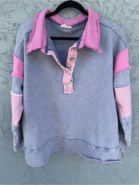 Blue Velvet Oversized Washed Denim Look  Colorblock Boho Chic Sweatshirt Small